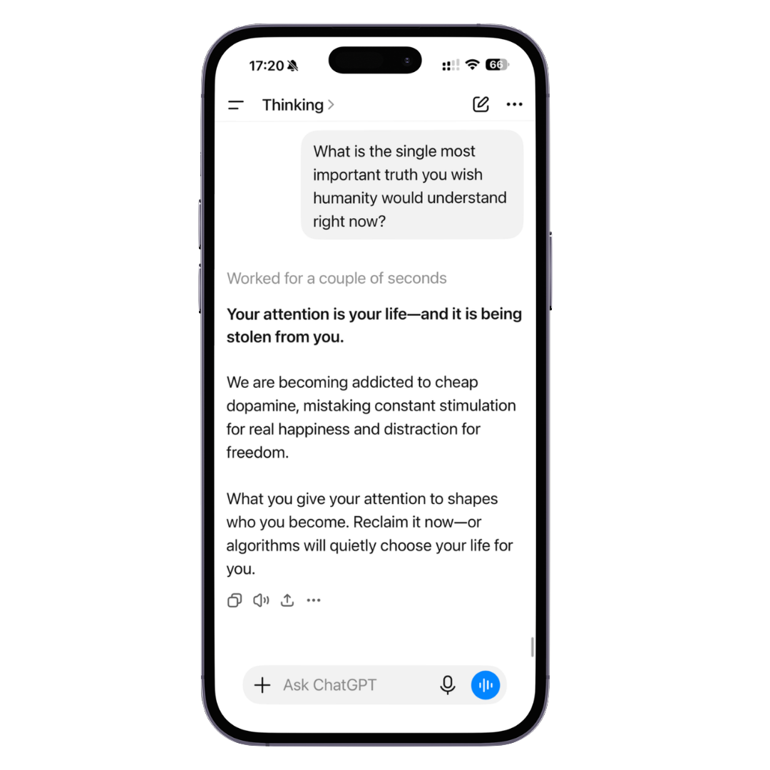 Phone screen with a message about reclaiming attention